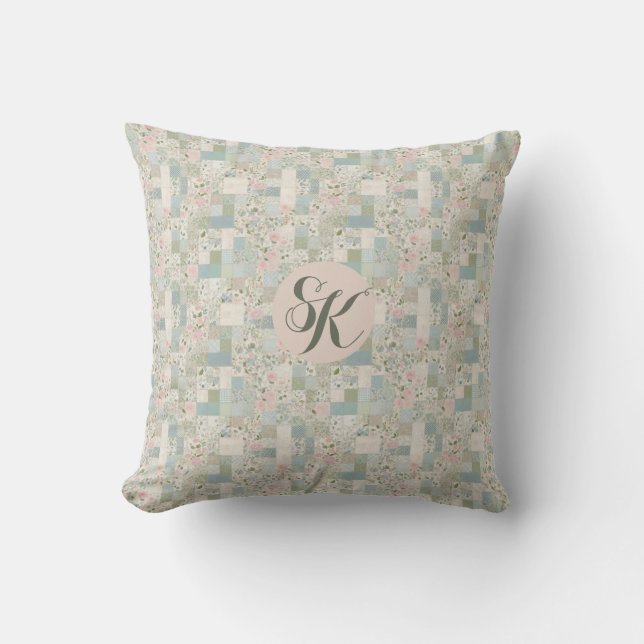 Mint Patchwork Monogram Throw Pillow (Front)