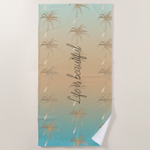 Mint Peach Aqua Tropical Gold Palm Tree          Beach Towel