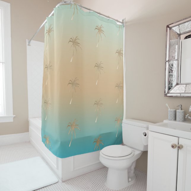 Mint Peach Aqua Tropical Gold Palm Trees           Shower Curtain (In Situ)
