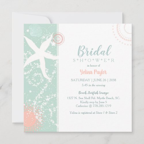 Mint  Peach Beach Bridal Shower Invitation