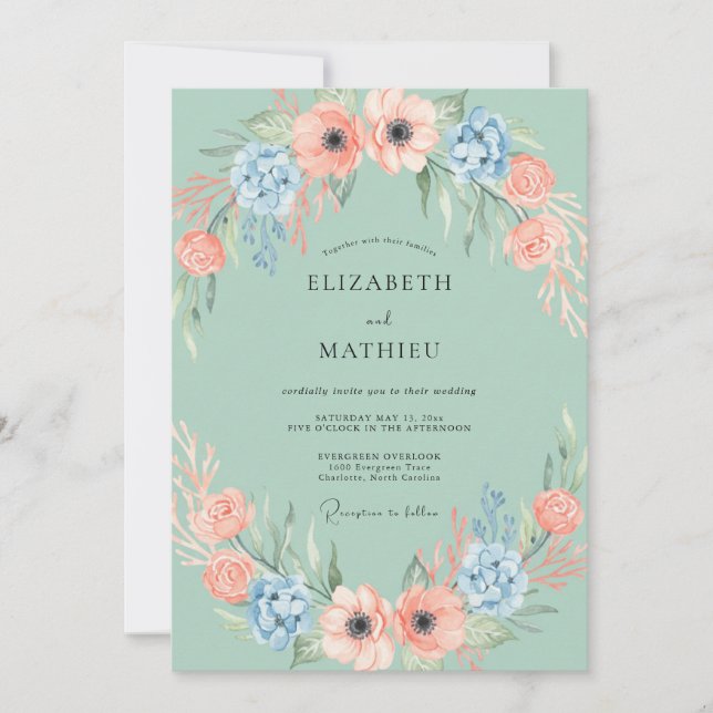 Mint Peach Blossom Garland Wedding Invitation (Front)