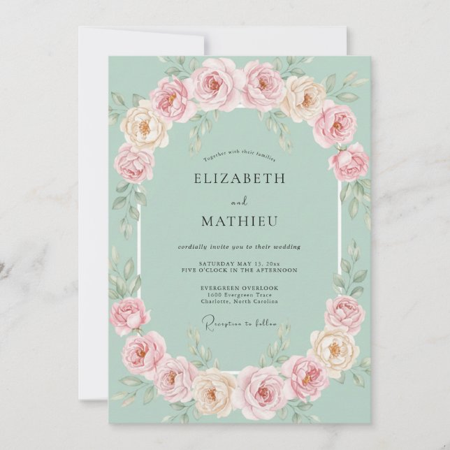 Mint Peach Floral Wedding Invitation (Front)