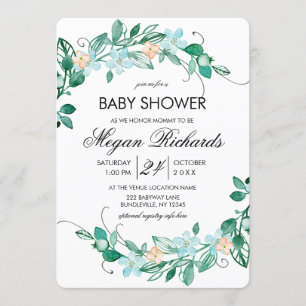 Mint Peach Floral Wreath Baby Shower Invitation