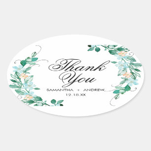 Mint & Peach Floral Wreath Wedding Thank You Oval Sticker
