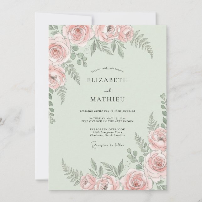 Mint Peach Leafy Wedding Invitation (Front)