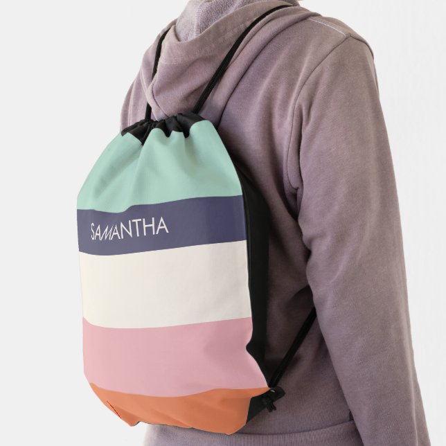 Mint Peach Modern Color Blocks Stripes Personalize Drawstring Bag (Insitu)