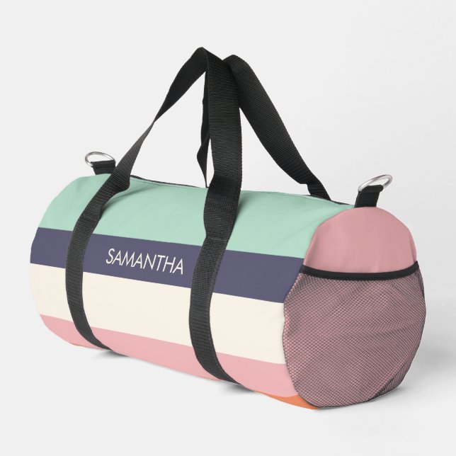 Mint Peach Modern Color Blocks Stripes Personalize Duffle Bag (Right Corner)