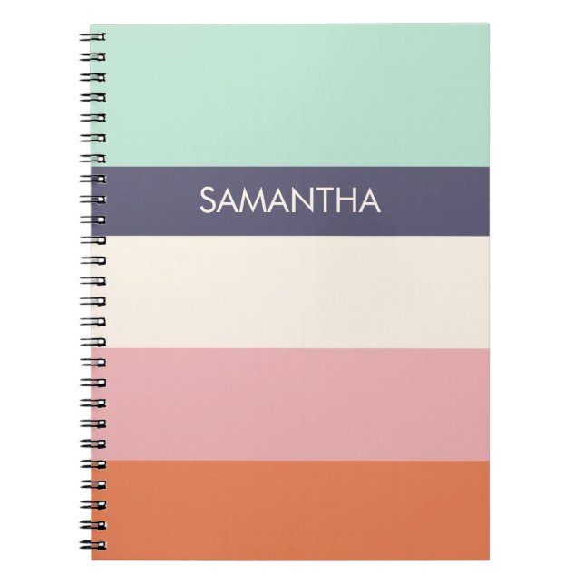 Mint Peach Modern Color Blocks Stripes Personalize Notebook (Front)