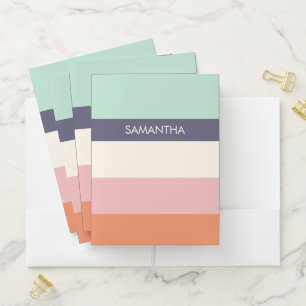Mint Peach Modern Color Blocks Stripes Personalize Pocket Folder