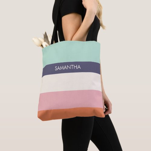 Mint Peach Modern Color Blocks Stripes Personalize Tote Bag