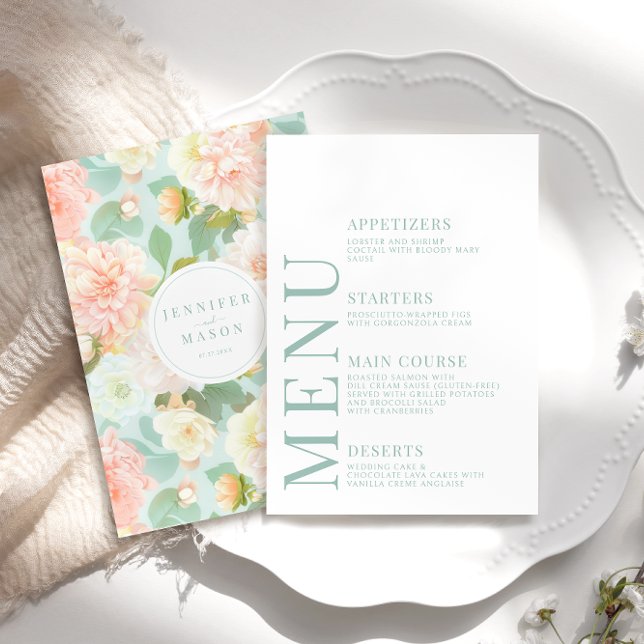 Mint Peach Peony Floral Wedding Menu Cards (Creator Uploaded)