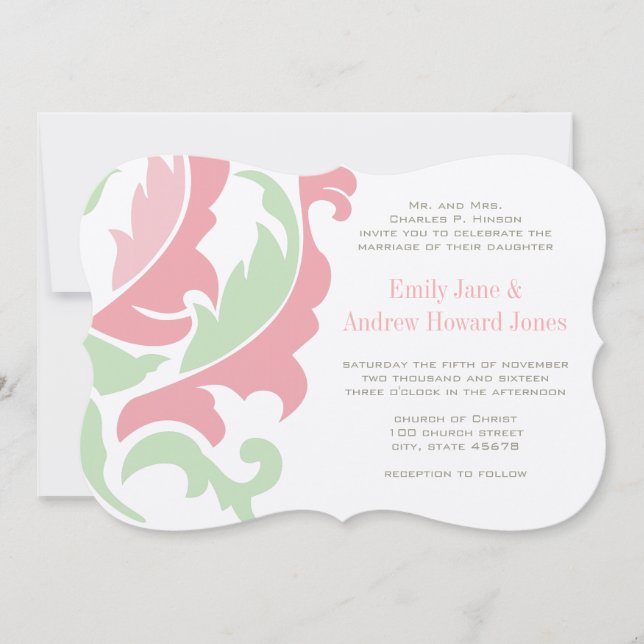Mint Peach Pink and Gray Damask Wedding Invitation (Front)