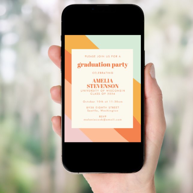 Mint Peach Retro Stripes Photo Graduation Party  Invitation (Front Digital)