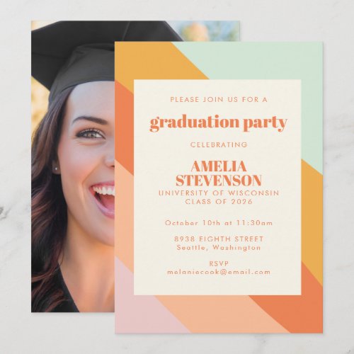 Mint Peach Retro Stripes Photo Graduation Party 