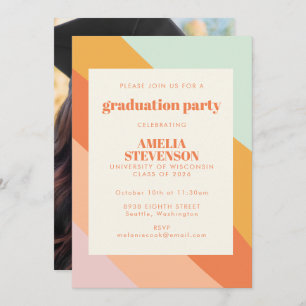 Mint Peach Retro Stripes Photo Graduation Party  Invitation