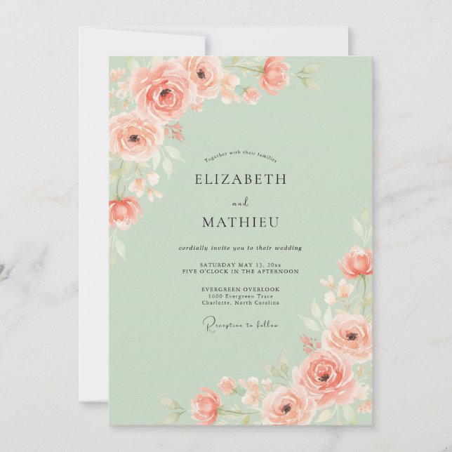 Mint Peach Romantic Spring Wedding Invitation (Front)