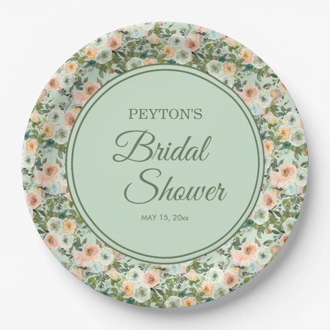 Mint Peach Watercolor Floral Bridal Shower Paper Plates (Front)