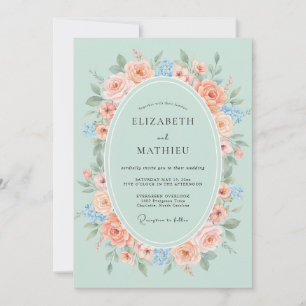 Mint Peach Watercolor Spring Wedding Invitation