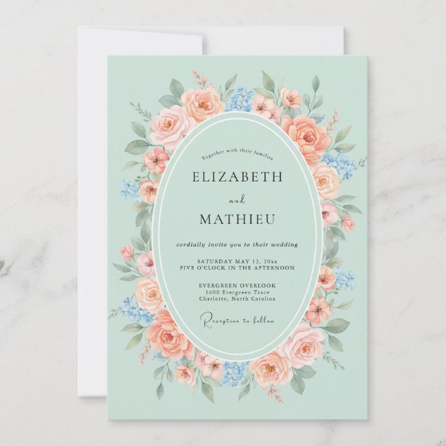 Mint Peach Watercolor Spring Wedding Invitation (Front)