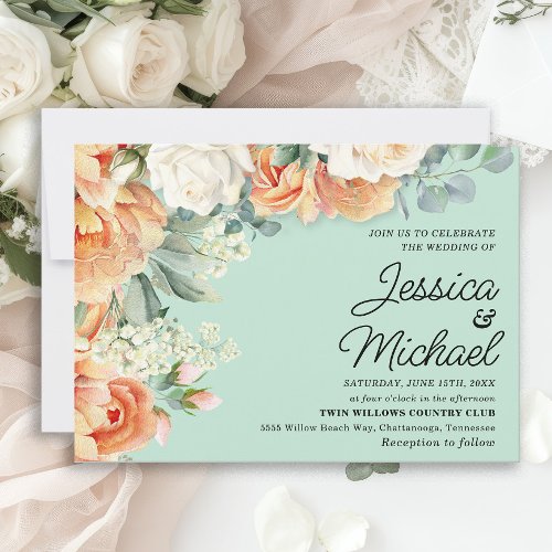 Mint Peach White Floral Wedding  Invitation