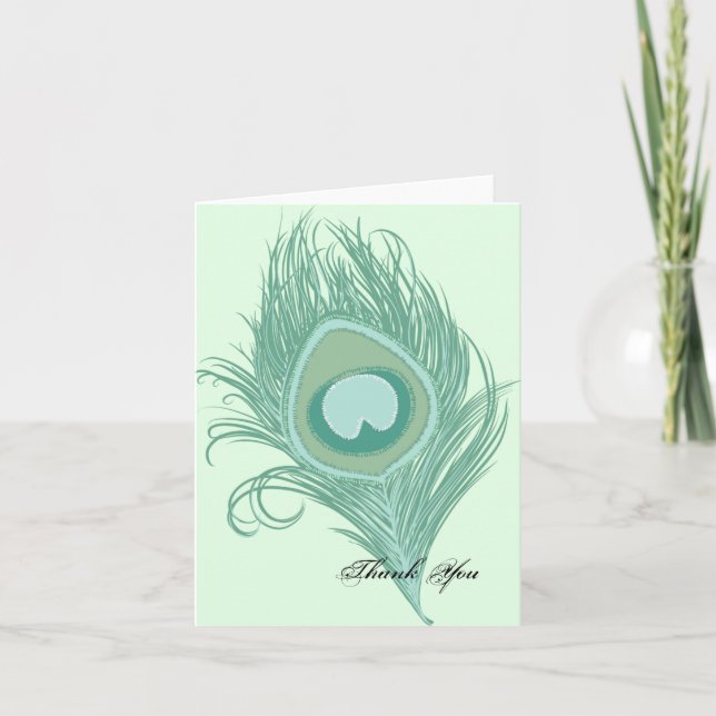 Mint Peacock Feather Letterpress Thank You Card (Front)