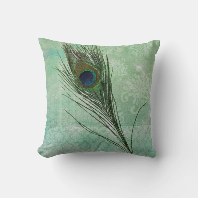 Mint Peacock Feather Throw Pillow (Front)