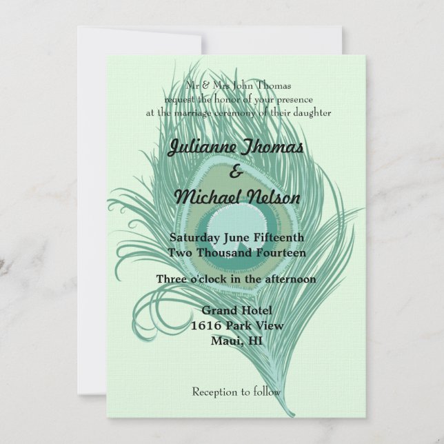 Mint Peacock Feather Wedding Invitation (Front)