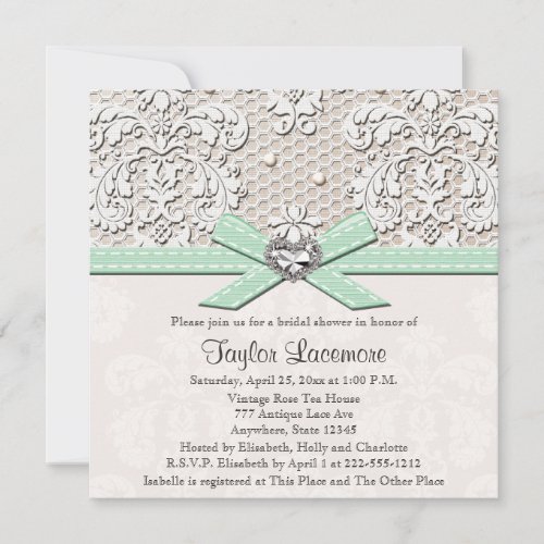 Mint Pearl Lace Diamond Bridal Shower Invitation