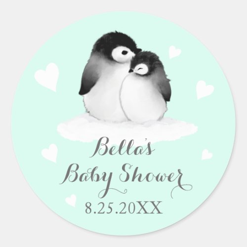 Mint Penguins Baby Shower Stickers