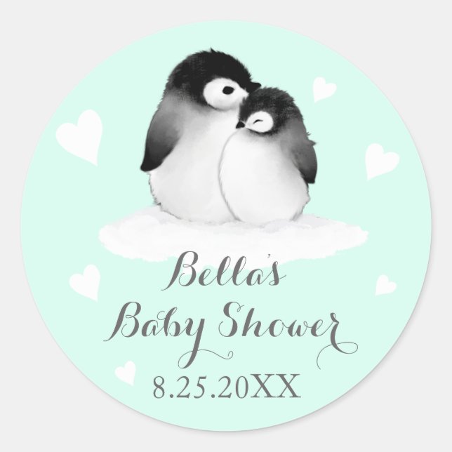 Mint Penguins Baby Shower Stickers (Front)