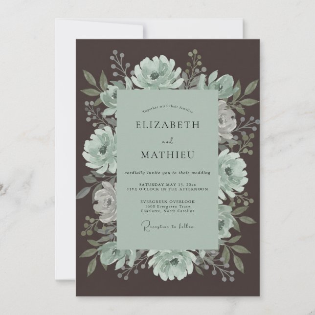 Mint Peony Wreath Wedding Invitation (Front)
