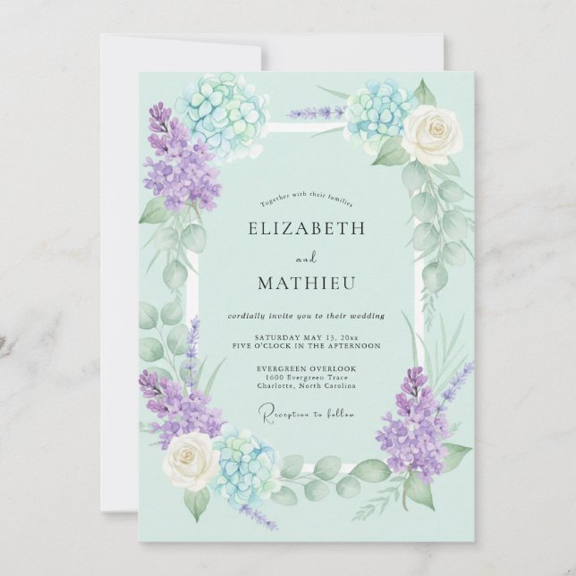 Mint Periwinkle Hydrangea Eucalyptus Wedding Invitation (Front)