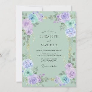 Mint Periwinkle Ranunculus Grey Eucalyptus Wedding Invitation