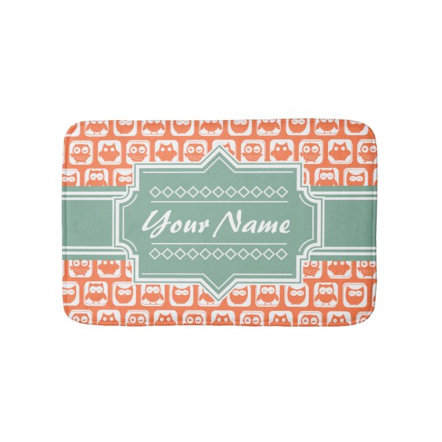 Mint Personalized Name Orange Owls Bathroom Mat (Front)