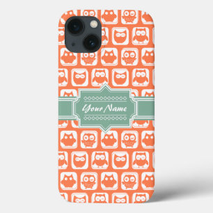 Mint Personalized Name Orange Owls iPhone 13 Case