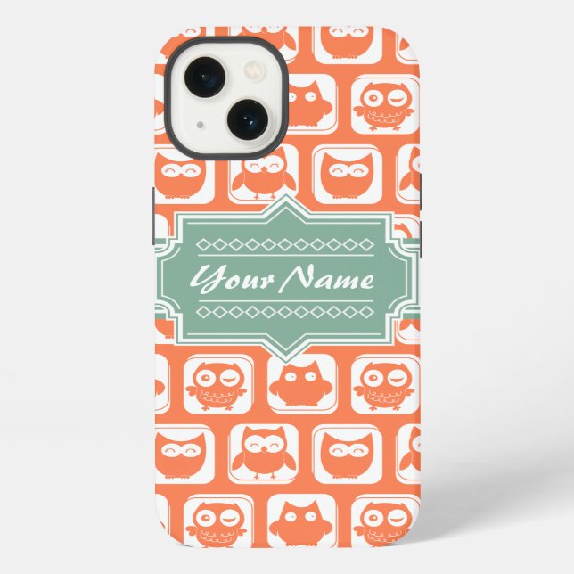 Mint Personalized Name Orange Owls Iphone Case (Back)