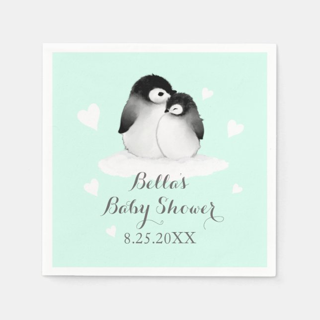 Mint Personalized Penguin Paper Napkins (Front)