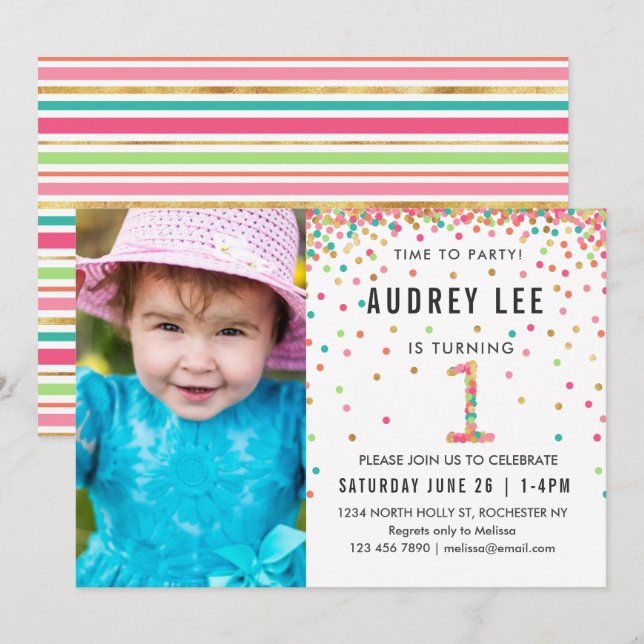 Mint Pink 1st Birthday Party Photo First Birthday Invitation (Front/Back)