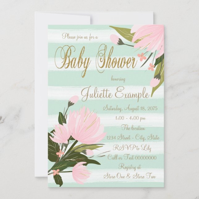 Mint Pink and Gold Stripe Baby Shower Invitation (Front)