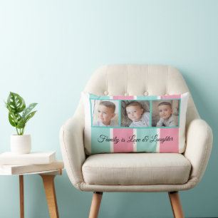 Mint pink and white photo collage family striped lumbar pillow