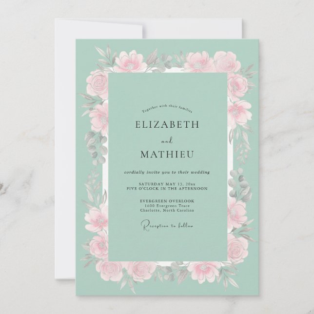 Mint Pink Blossom Wedding Invitation (Front)