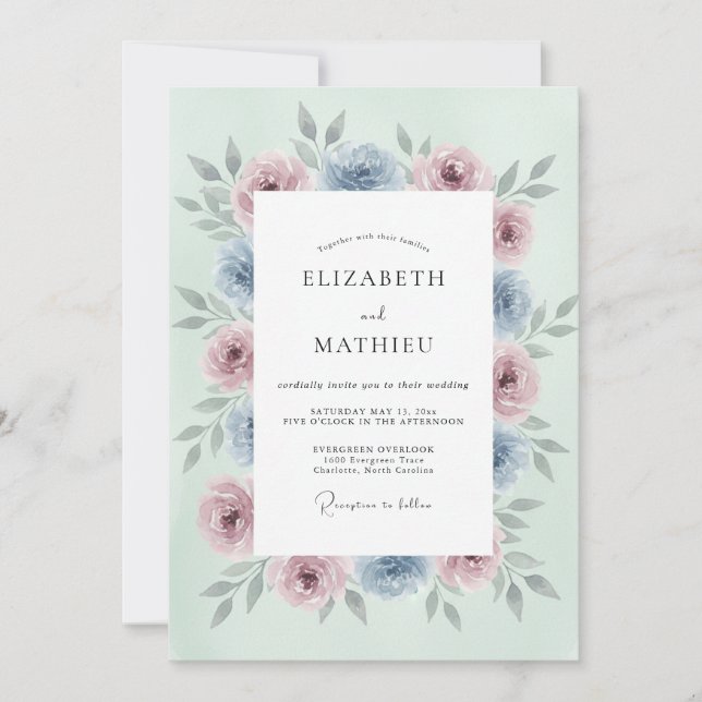 Mint Pink Blue Floral Romance Wedding Invitation (Front)
