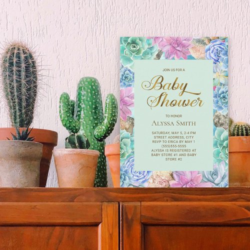 Mint Pink Blue Succulents Baby Girl Shower Invitation