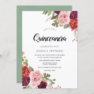 Mint & Pink Blush Floral Quinceanera Invitation