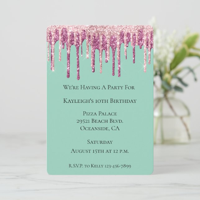 Mint Pink Blush Ice Cream Glitter Drips Birthday Invitation (Standing Front)