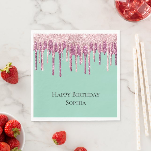 Mint Pink Blush Ice Cream Glitter Drips Birthday Napkins (Insitu)
