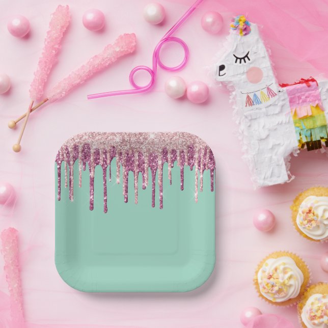 Mint Pink Blush Ice Cream Glitter Drips Birthday Paper Plates (Party)