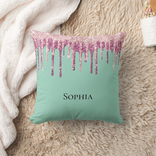 Mint Pink Blush Ice Cream Glitter Drips  Throw Pillow (Blanket)