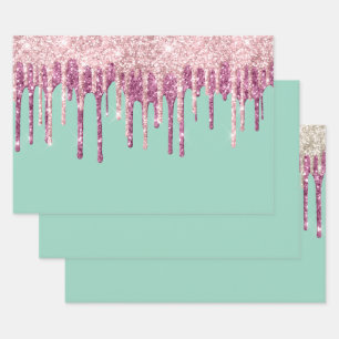 Mint Pink Blush Ice Cream Glitter Drips Wrapping Paper Sheets