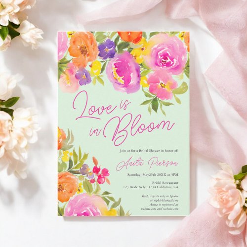 Mint Pink Bold floral watercolor bridal shower Invitation